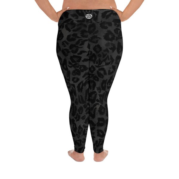Black Leopard Animal Print Women's Yoga Pants Long Plus Size Leggings-Women's Plus Size Leggings-Heidi Kimura Art LLC
