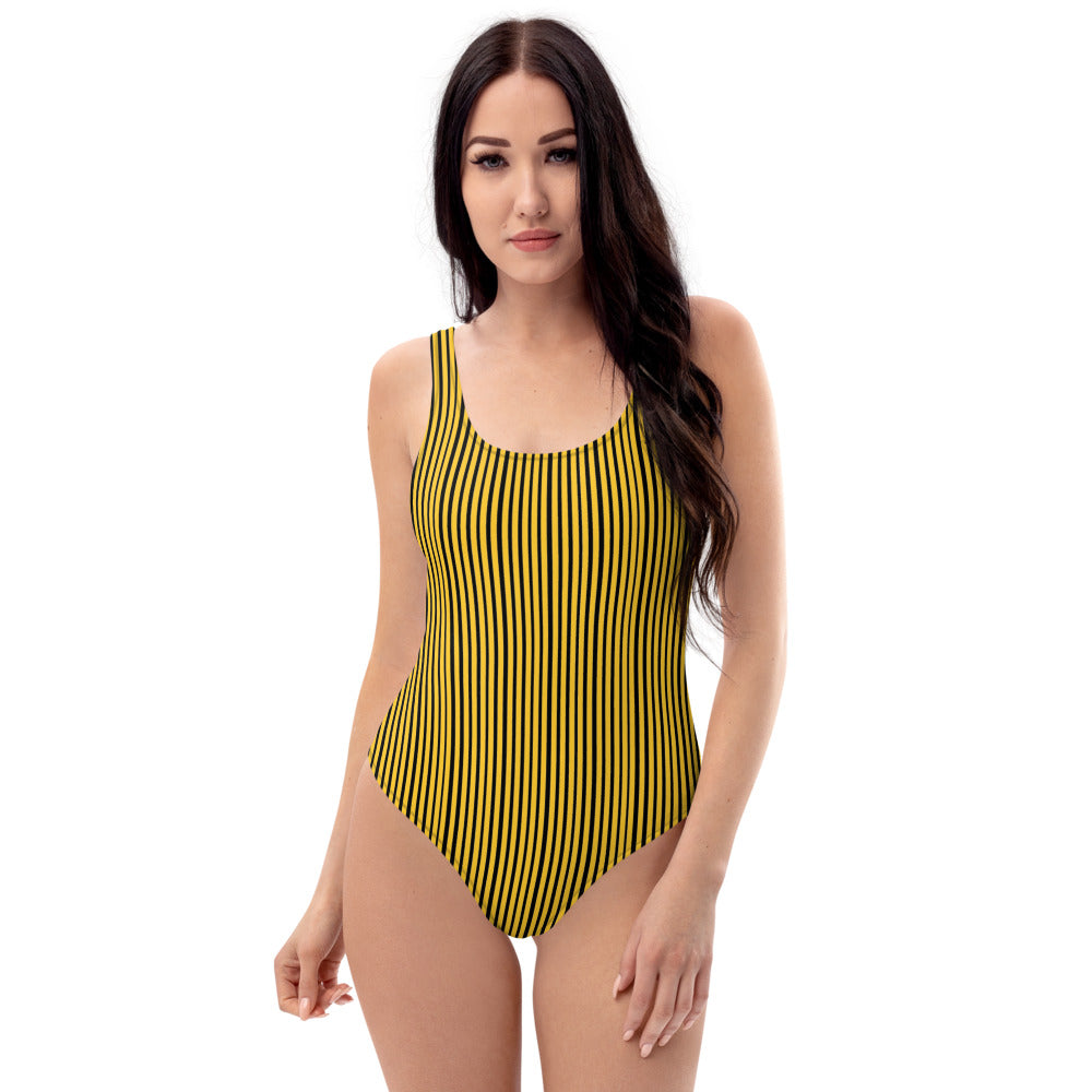 Yellow Striped Women's Swimwear, One-Piece Swimsuit-Heidi Kimura Art LLC-XS-Heidi Kimura Art LLC Yellow Striped Women's Swimwear, Vertical Stripe Print Designer Luxury 1-Piece Swimwear Bathing Suits, Beach Wear - Made in USA/EU (US Size: XS-3XL) Plus Size Available