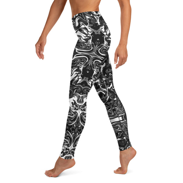 Black Marble Yoga Leggings, Marble Print Long Tights-Made in USA/EU-Heidi Kimura Art LLC-Heidi Kimura Art LLC