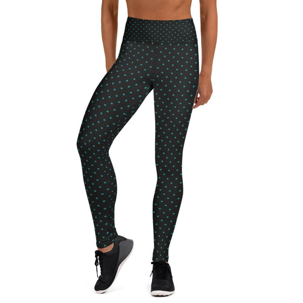 Blue Dots Print Women's Leggings, Blue Polka Dots Black Yoga Pants- Made in USA/EU-Leggings-XS-Heidi Kimura Art LLC