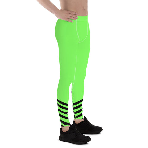 Green Striped Yoga Capri Leggings, White Vertical Striped Circus Tights-  Made in USA/EU