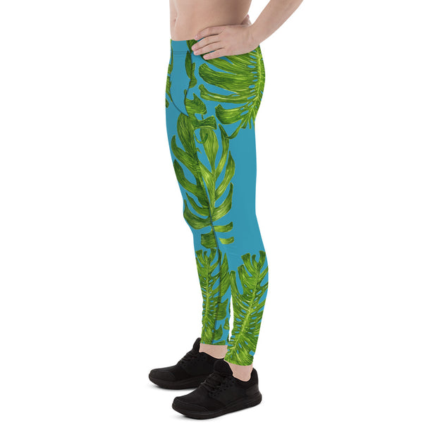 Blue Green Tropical Leaf Print Designer Men's Leggings-Made in USA/EU (US Size: XS-3XL)-Men's Leggings-Heidi Kimura Art LLC