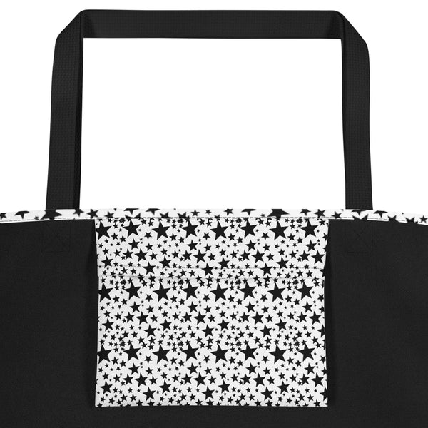 Black Star Pattern Print White Unisex 16"x20" Large Beach Bag With Large Inside Pocket - Made in USA/EU-Beach Tote Bag-Heidi Kimura Art LLC
