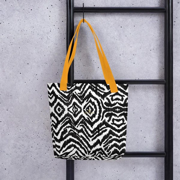 Designer Black White Zebra Animal Print 15" x 15" Tote Market Bag- Made in USA/EU-Tote Bag-Yellow-Heidi Kimura Art LLC