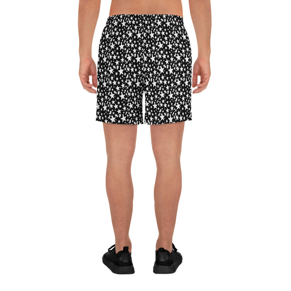 Black White Stars Print Pattern Men's Athletic Long Shorts With Pockets- Made in USA/EU-Men's Long Shorts-Heidi Kimura Art LLC