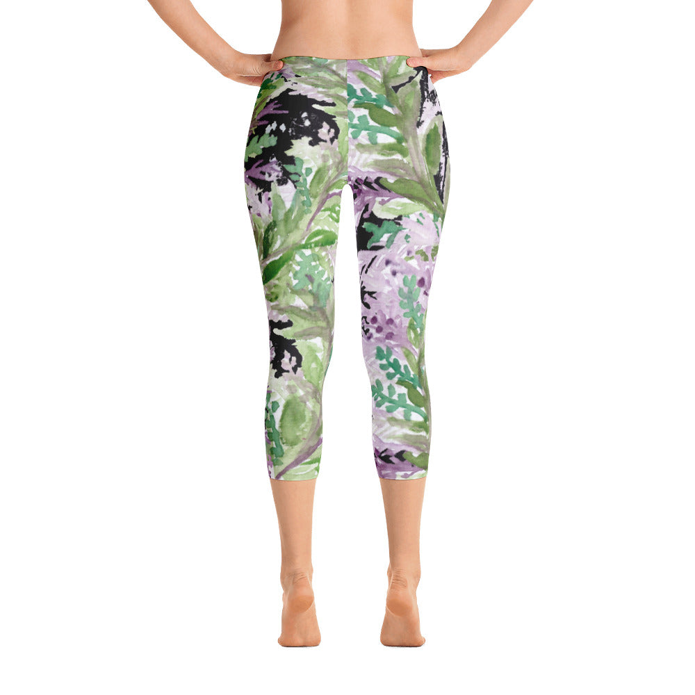 Lavender Women's Capri Leggings, Floral Black Purple Print Capris Tights- Made in USA/EU-capri leggings-XS-Heidi Kimura Art LLC