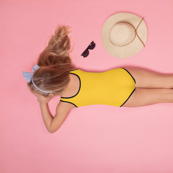 Lemon Yellow Girl's Swimwear, Solid Color Print Kids Swimsuit-Heidi Kimura Art LLC-Heidi Kimura Art LLC