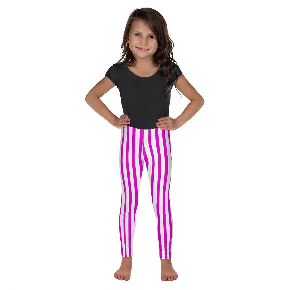Bright Pink White Vertical Stripe Print Kid's Leggings Workout Pants- Made in USA/EU-Kid's Leggings-2T-Heidi Kimura Art LLC