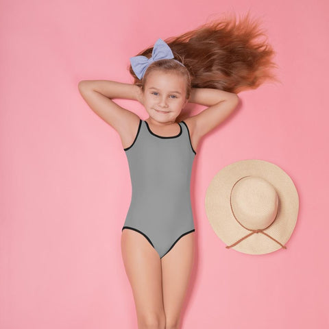 Light Gray Solid Color Print Kids Cute Girl's Spandex Swimsuit Swimwear- Made in USA-Kid's Swimsuit (Girls)-2T-Heidi Kimura Art LLC