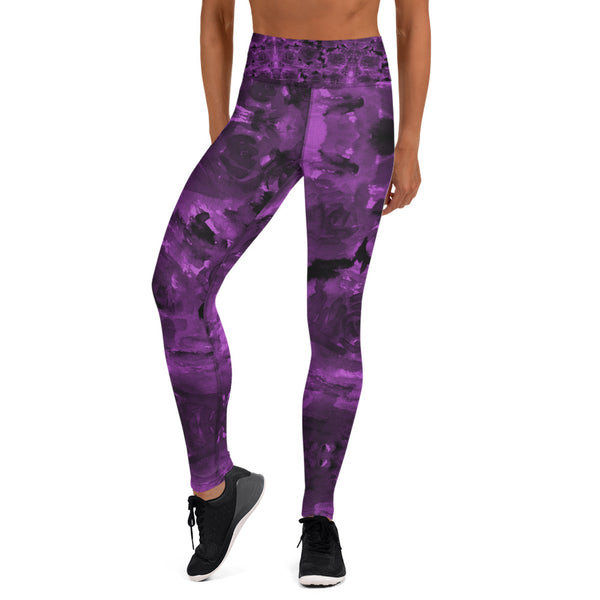 Purple Abstract Yoga Leggings, Floral Long Tights-Made in USA/EU-Heidi Kimura Art LLC-Heidi Kimura Art LLC