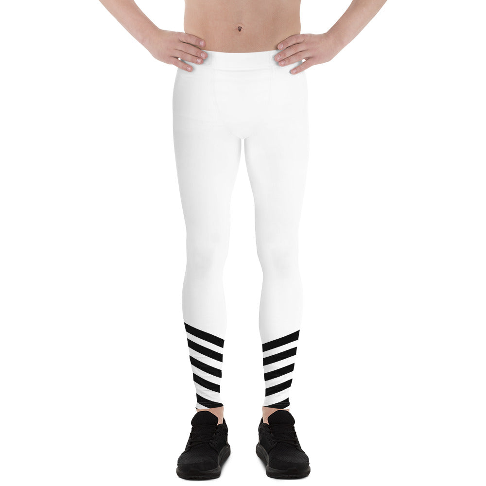 White Black Diagonal Stripe Print Men's Leggings Compression Tights- Made in USA/ EU-Men's Leggings-XS-Heidi Kimura Art LLC