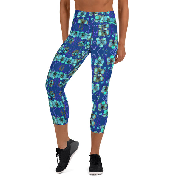 Blue Orchids Yoga Capri Leggings, Floral Print Women's Capris Tights-Made in USA/EU-Heidi Kimura Art LLC-XS-Heidi Kimura Art LLC