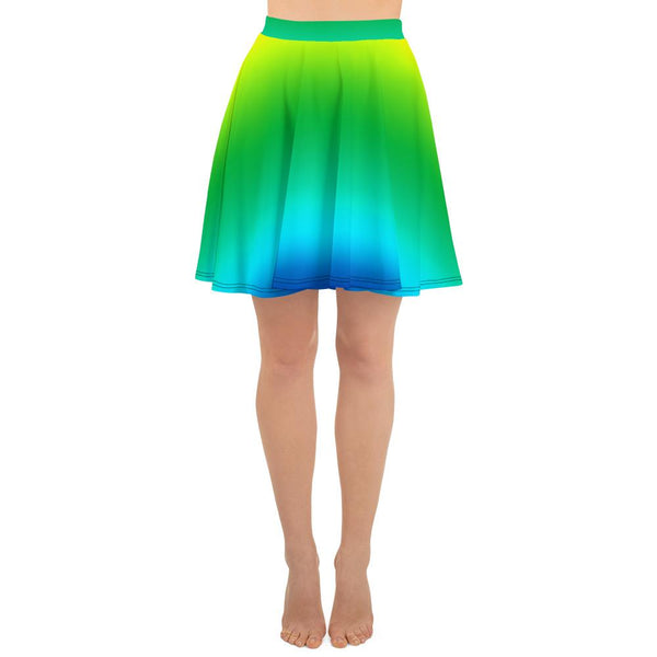 Blue Green Rainbow Ombre Print Women's Mid-Thigh Soft Skater Skirt- Made in USA/EU-Skater Skirt-XS-Heidi Kimura Art LLC