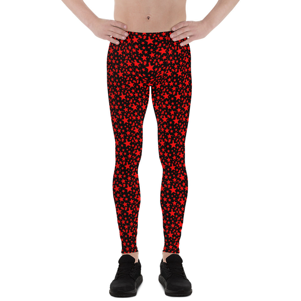 Red Star Print Meggings, Black Red Hot Premium Quality Men's Leggings- Made in USA/EU-Men's Leggings-XS-Heidi Kimura Art LLC