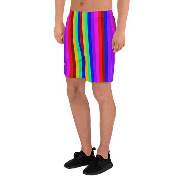 Rainbow Striped Shorts, Gay Pride Men's Athletic Long Shorts-Made in EU-Heidi Kimura Art LLC-Heidi Kimura Art LLC Rainbow Striped Shorts, Gay Pride LGBTQ Friendly Rainbow Stripes Flag Print Men's Athletic Best Long Shorts- Made in EU (US Size: XS-3XL)