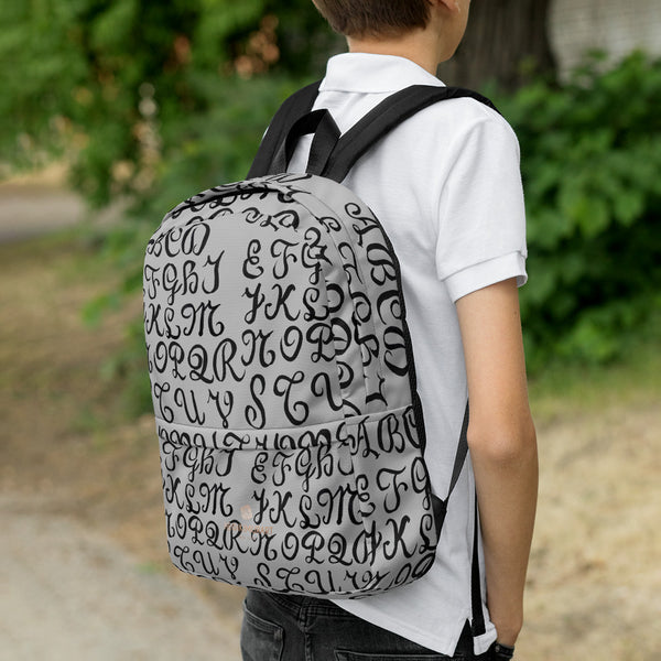 Gray Calligraphy Print Designer Water Resistant Premium Quality Backpack-Made in USA-Backpack-Heidi Kimura Art LLC