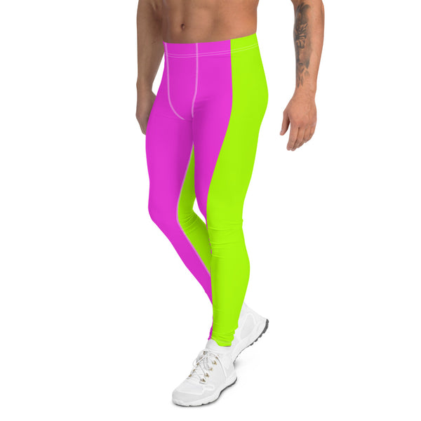 Neon Green Pink Men's Leggings, Dual Color Modern Meggings-Made in USA/EU-Heidi Kimura Art LLC-Heidi Kimura Art LLC Neon Green Pink Men's Leggings, Dual Color Modern Bright Sexy Meggings Men's Workout Gym Tights Leggings, Men's Compression Tights Pants - Made in USA/ EU (US Size: XS-3XL) 