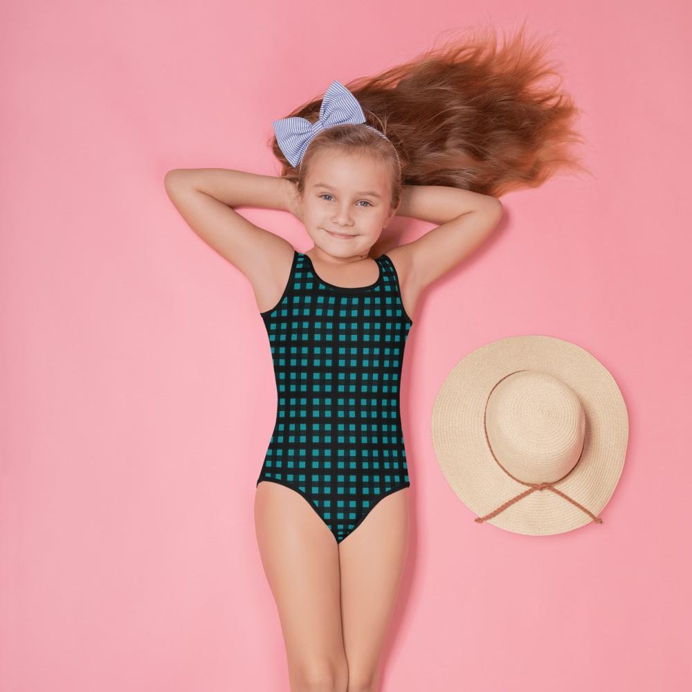Teal Blue Buffalo Girl's Swimwear, Plaid Print Best Kids Swimsuit, Girl's Kids Premium Swimwear Sportswear Swimsuit - Made in USA/EU (US Size: 2T-7)