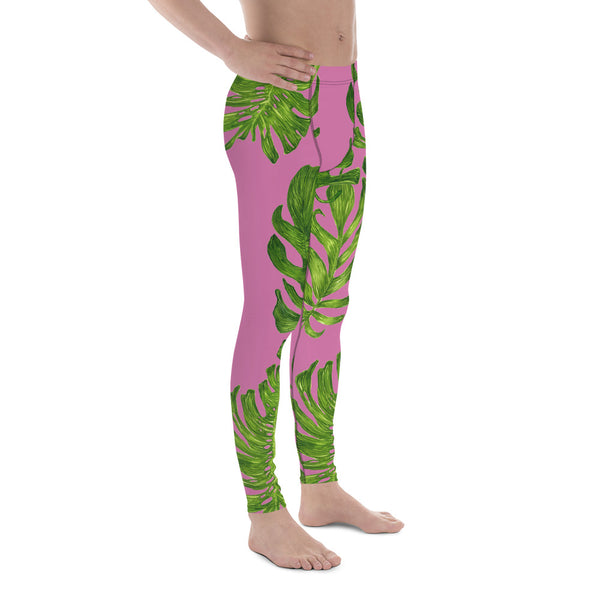 Light Pink Tropical Leaf Print Men's Premium Leggings-Made in USA/EU (US Size: XS-3XL)-Men's Leggings-Heidi Kimura Art LLC
