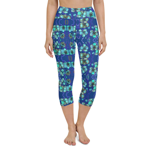 Blue Orchids Yoga Capri Leggings, Floral Print Women's Capris Tights-Made in USA/EU-Heidi Kimura Art LLC-Heidi Kimura Art LLC