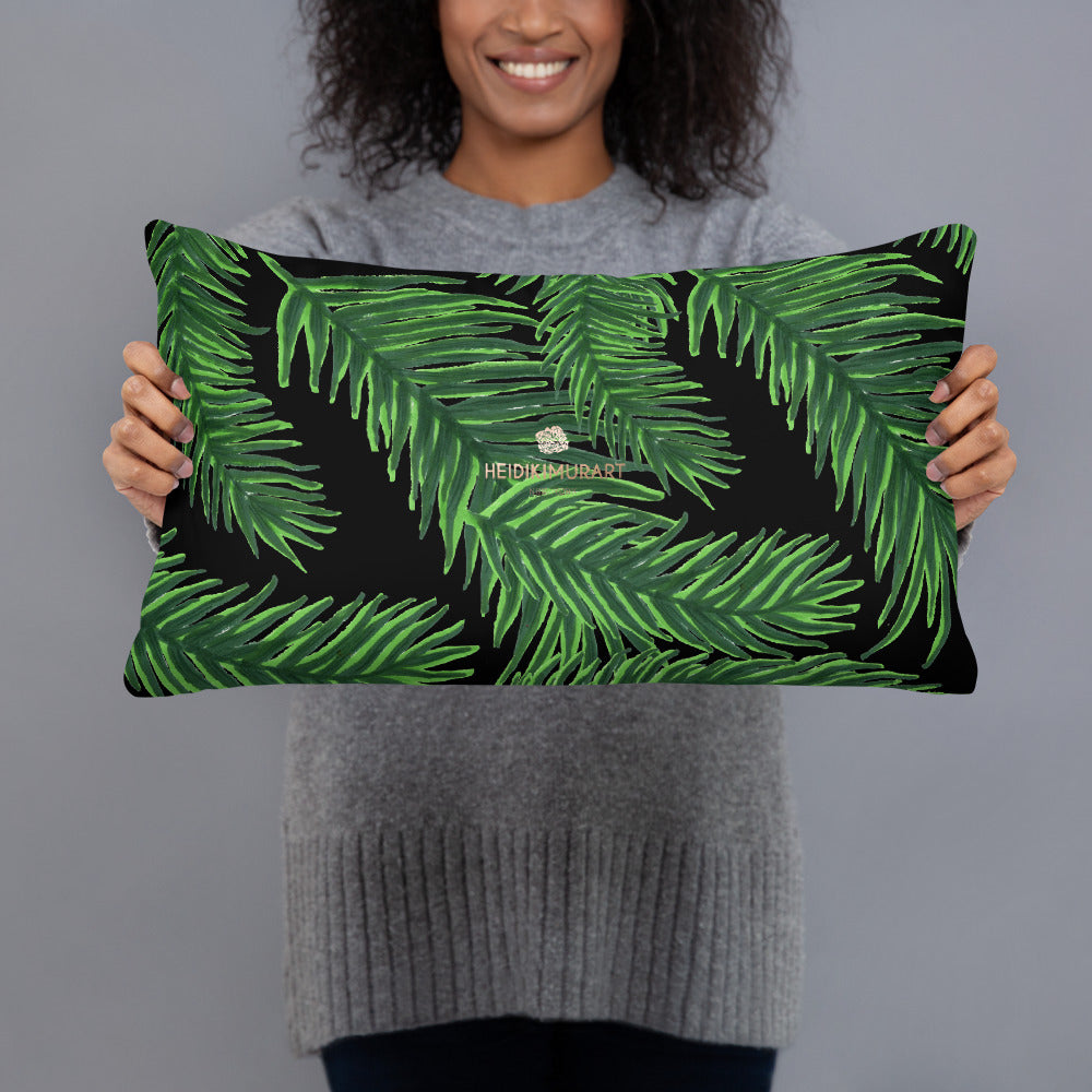 Black Green Tropical Palm Leaf Print Designer 20”x12”, 18"x18" Basic Pillow - Made in USA-Pillow-20×12-Heidi Kimura Art LLC