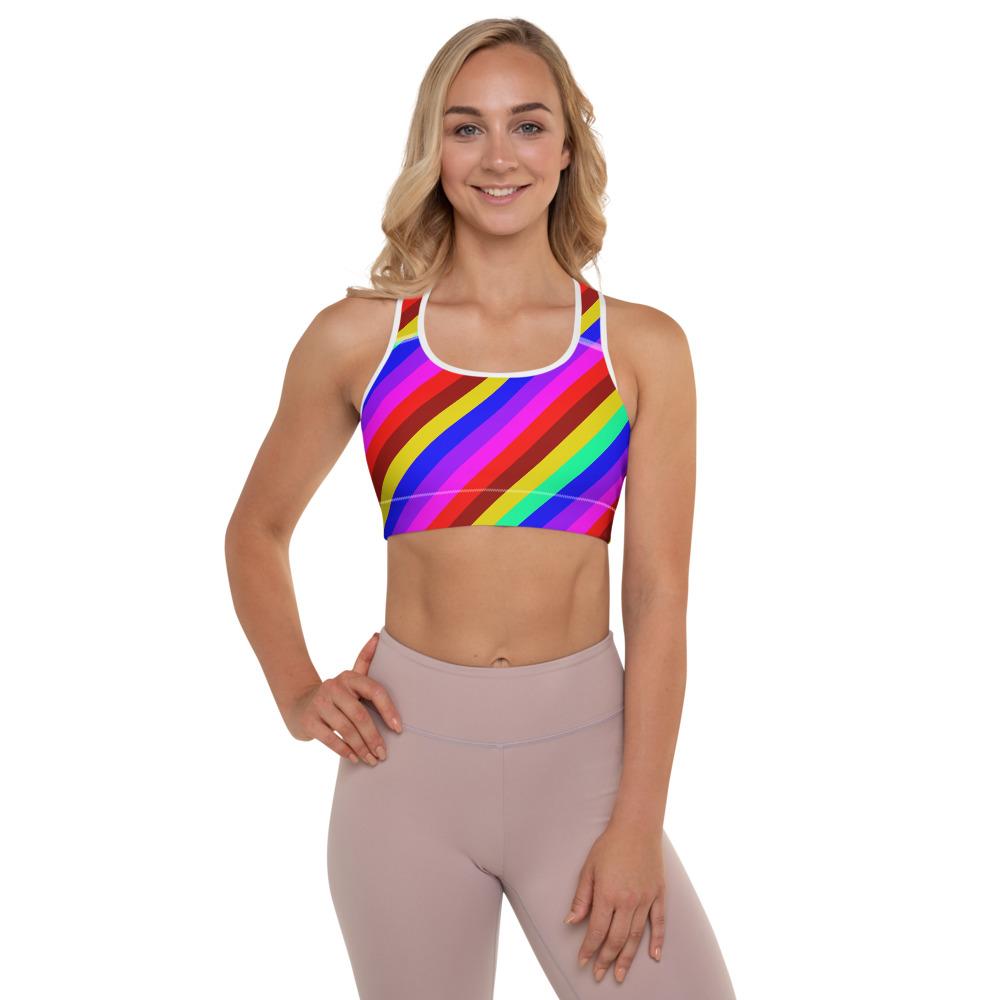 Rainbow Diagonal Stripe Print Women's Padded Gym Fitness Sports Bra-Made in USA/EU-Sports Bras-White-XS-Heidi Kimura Art LLC