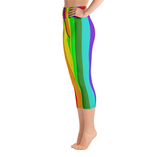 Rainy Rainbow Gay Pride Women's Yoga Capri Pants Leggings Tights With Pockets-capri yoga pants-Heidi Kimura Art LLC Bright Rainbow Capri Leggings, Striped  Rainbow Gay Pride Women's Yoga Capri Pants Leggings Tights With Pockets, Plus Size Available- Made In USA/EU (US Size: XS-XL)