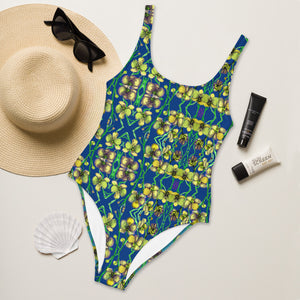 Blue Orchid Floral Print Swimwear, Designer Yellow Orchid One-Piece Swimsuit-Heidi Kimura Art LLC-XS-Heidi Kimura Art LLC