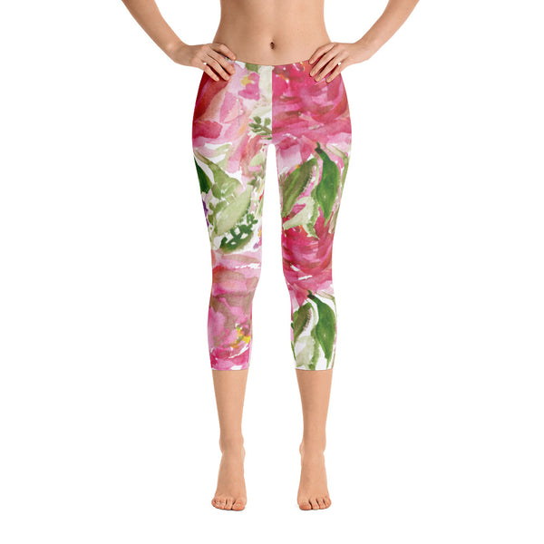 Pink Rose Girlie Floral Women's Athletic Capri Leggings Activewear - Made in USA-capri leggings-Heidi Kimura Art LLC