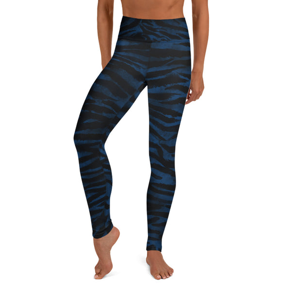 Blue Tiger Striped Yoga Leggings, Animal Print Women's Long Fitness Gym Pants-Made in USA/EU-Heidi Kimura Art LLC-XS-Heidi Kimura Art LLC Navy Blue Tiger Leggings, Tiger Stripe Women's Leggings, Dark Blue Black Women's Tiger Stripe Animal Skin Pattern Active Wear Fitted Leggings Sports Long Yoga & Barre Pants - Made in USA/EU