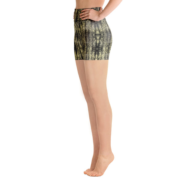 Snakeskin Print Women's Yoga Shorts, Premium Green Snake Print Short Tights-Heidikimurart Limited -Heidi Kimura Art LLC