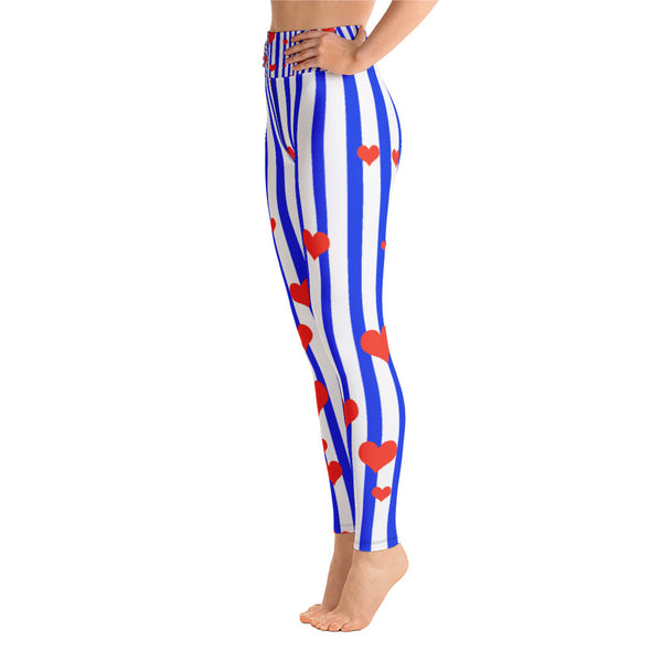 Women's Patriotic Blue & White Striped Red Hearts Long Yoga & Barre Pants -Made in USA-Leggings-Heidi Kimura Art LLC Blue Striped Women's Leggings, Women's American Flag Patriotic Blue & White Striped Red Hearts Active Wear Fitted Leggings Sports Long Yoga & Barre Pants - Made in USA/EU (US Size: XS-6XL)