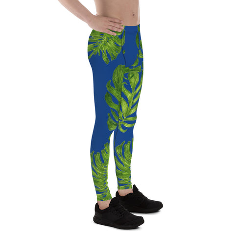Blue Green Tropical Leaf Print Designer Men's Leggings- Made in USA/EU (US Size: XS-3XL)-Men's Leggings-Heidi Kimura Art LLC Blue Tropical Meggings, Blue Green Tropical Palm Leaf Men's Skinny Compression Tights Meggings Leggings-Made in USA/EU (US Size: XS-3XL)