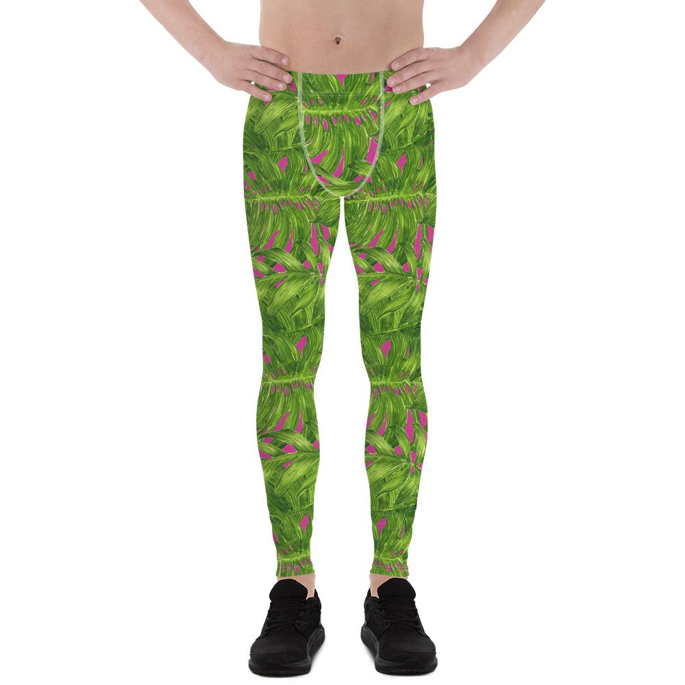Hot Pink Green Tropical Palm Leaf Print Men's Leggings Meggings Tights - Made in USA-Men's Leggings-XS-Heidi Kimura Art LLC