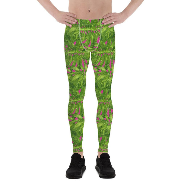 Hot Pink Green Tropical Palm Leaf Print Men's Leggings Meggings Tights - Made in USA-Men's Leggings-XS-Heidi Kimura Art LLC