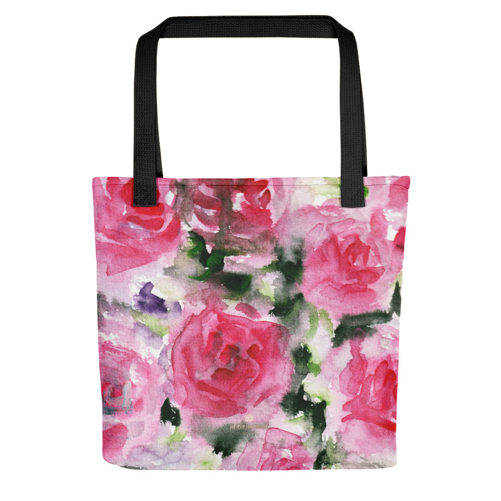 Spring Girlie Pink Rose Floral Flower Designer 15"x15" Market Tote Bag - Made in USA/EU-Tote Bag-Black-Heidi Kimura Art LLC