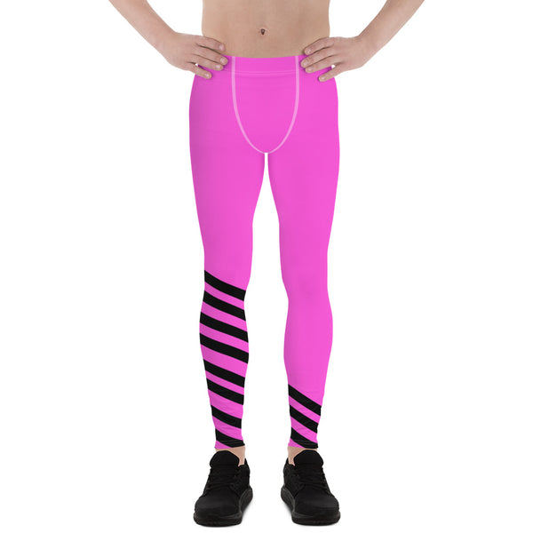 Black Pink Diagonal Striped Meggings, Men's Athletic Running Leggings-Made in USA/EU-Men's Leggings-XS-Heidi Kimura Art LLC