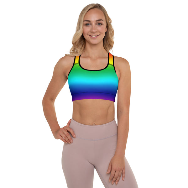 Rainbow Horizontal Ombre Print Women's Padded Premium Sports Bra- Made in USA/EU-Sports Bras-Black-XS-Heidi Kimura Art LLC