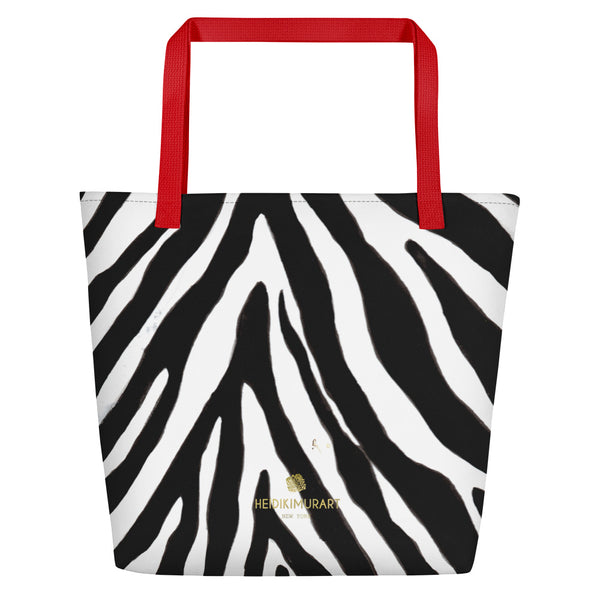 Designer Black White Zebra Animal Pattern Print Large Tote 16"x20" Beach Bag- Made in USA/EU-Beach Tote Bag-Red-Heidi Kimura Art LLC
