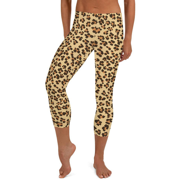 Brown Leopard Animal Print Women's Capri Leggings Pants Fashion Tights- Made in USA/ EU-capri leggings-XS-Heidi Kimura Art LLC