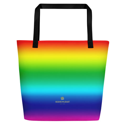Bright Rainbow Ombre Beach Tote Bag, Large 16"x20" Beach Gay Pride Bag- Made in USA/EU-Beach Tote Bag-Black-Heidi Kimura Art LLC