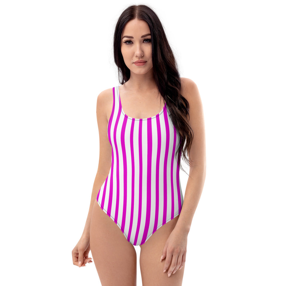 Pink Striped Women's Swimwear, Designer One-Piece Swimsuit-Heidi Kimura Art LLC-XS-Heidi Kimura Art LLC Pink Striped Women's Swimwear, Modern Vertical Stripe Print Designer Luxury 1-Piece Swimwear Bathing Suits, Beach Wear - Made in USA/EU (US Size: XS-3XL) Plus Size Available