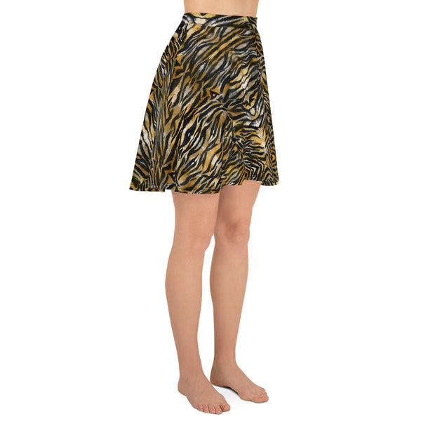 Brown Tiger Stripe Skater Skirt, Best Tiger Animal Print Print High-Waisted Mid-Thigh Women's Skater Skirt, Plus Size Available - Made in USA/EU (US Size: XS-3XL) Animal Print skirt, Tiger Print Skater Skirt, Tiger Skater Skirt