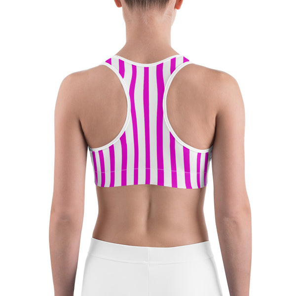 Pink White Colorful Vertical Stripe Print Women's Sports Bra - Made in USA-Sports Bras-Heidi Kimura Art LLC