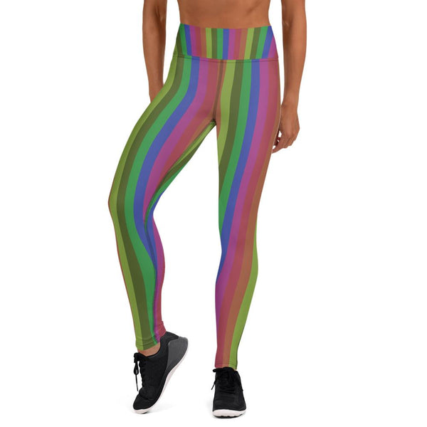 Faded Rainbow Stripe Retro Style Print Women's Yoga Leggings- Made in USA-Leggings-XS-Heidi Kimura Art LLC