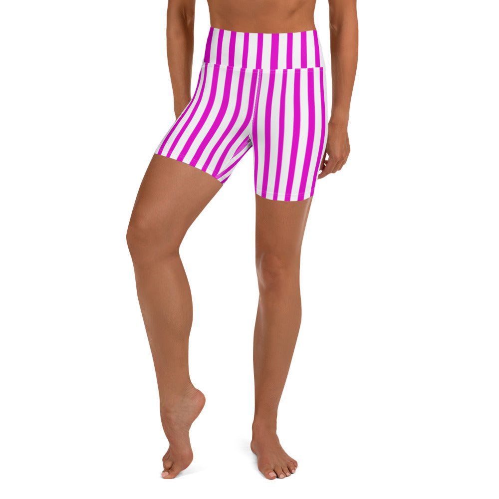 Hot Pink Striped Yoga Shorts, Modern Stripes Women's Workout Shorts-Heidikimurart Limited -XS-Heidi Kimura Art LLC Hot Pink Striped Yoga Shorts, Modern Stripes Hot Pink Striped Best Bestselling Women's Sexy Premium Quality Yoga Shorts, Gym Fitness Tights, Short Workout Hot Pants, Made in USA/ EU/MX (US Size: XS-XL) 