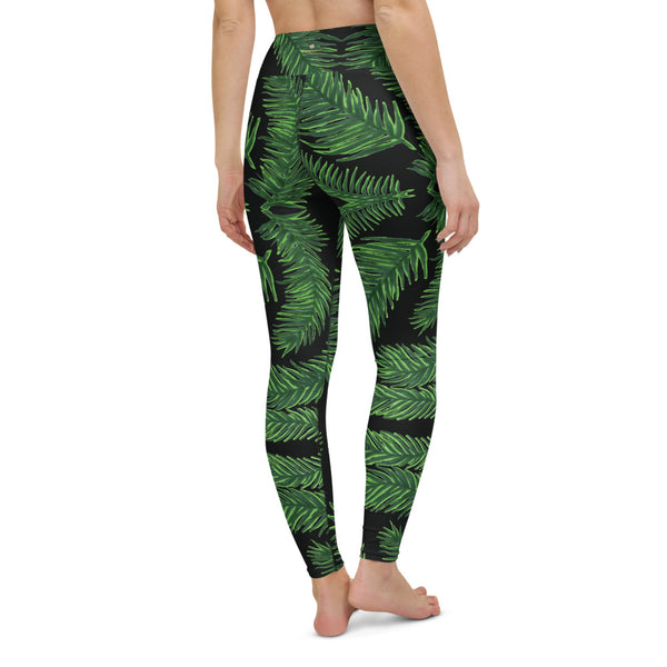 Black Tropical Leaf Print Yoga Leggings, Green Palm Leaf Women's Yoga Tights-Made in USA/EU-Heidi Kimura Art LLC-Heidi Kimura Art LLC