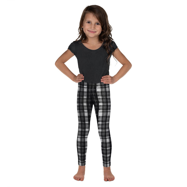 Black Plaid Print Designer Kid's Girl's Leggings Active Wear Pants (2T-7) Made in USA/EU-Kid's Leggings-2T-Heidi Kimura Art LLC