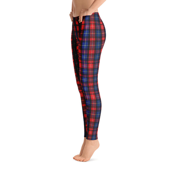 Red Plaid Polyester Spandex Elastic Women's Casual Leggings - Made in USA (US Size: XS-XL)-Casual Leggings-Heidi Kimura Art LLC