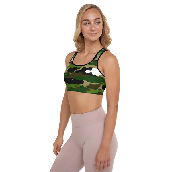 Green White Camo Military Print Women's Padded Workout Sports Bra- Made in USA/EU-Sports Bras-Heidi Kimura Art LLC